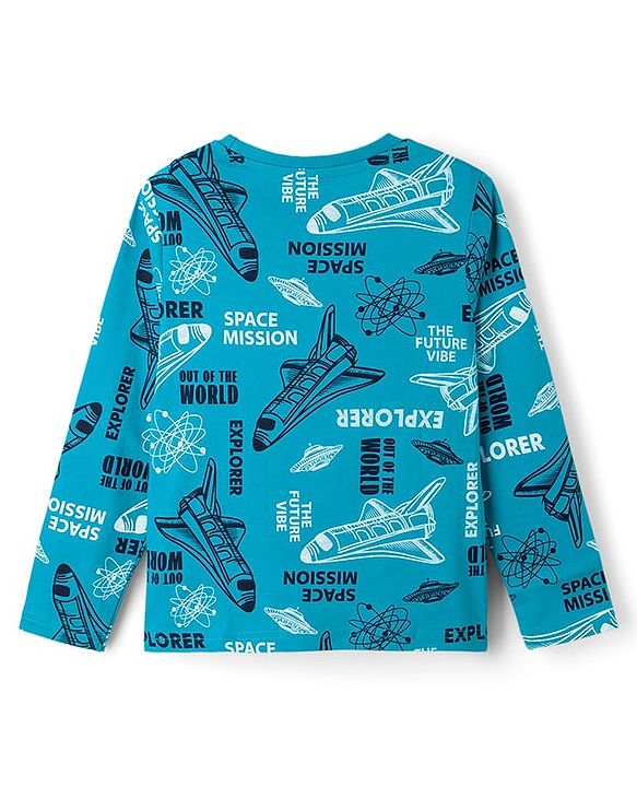 Pine Kids Cotton Knit Full Sleeves T-Shirt & Pyjama Co-Ord Night Suit With Space Theme - Blue