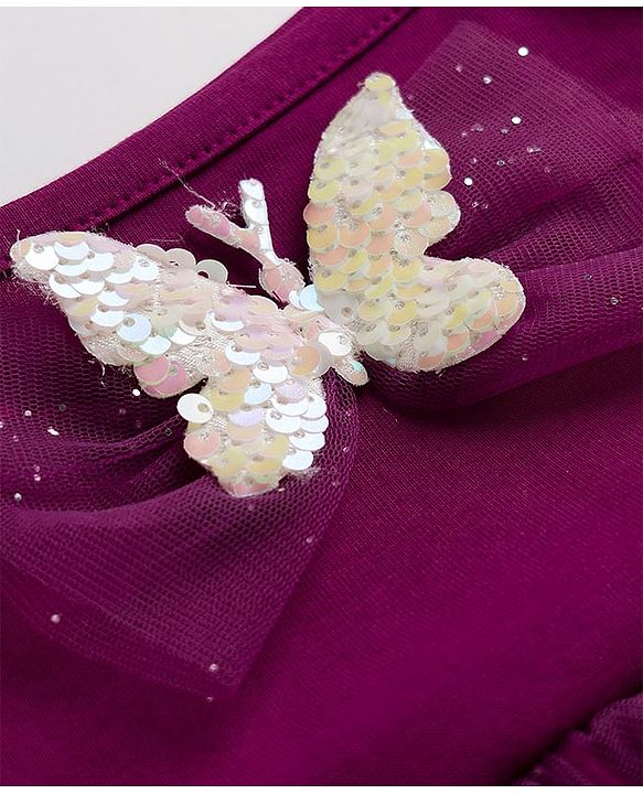 Babyhug Single Jersey Singlet One Piece Glittery Frock with Bow & Butterfly Applique - Wine