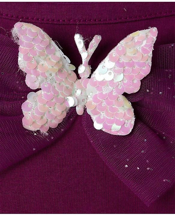 Babyhug Single Jersey Singlet One Piece Glittery Frock with Bow & Butterfly Applique - Wine