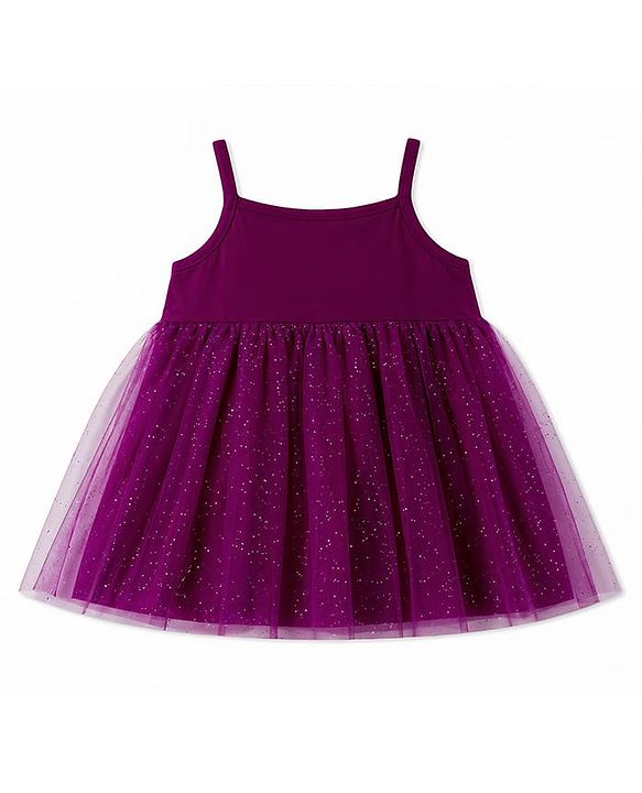 Babyhug Single Jersey Singlet One Piece Glittery Frock with Bow & Butterfly Applique - Wine