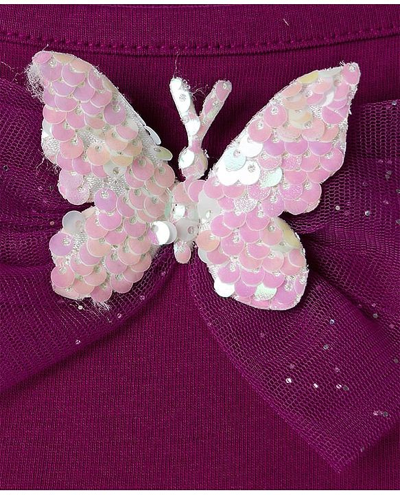 Babyhug Single Jersey Singlet One Piece Glittery Frock with Bow & Butterfly Applique - Wine