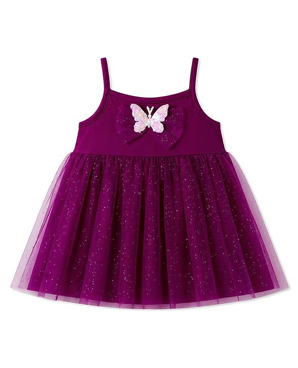 Babyhug Single Jersey Singlet One Piece Glittery Frock with Bow & Butterfly Applique - Wine