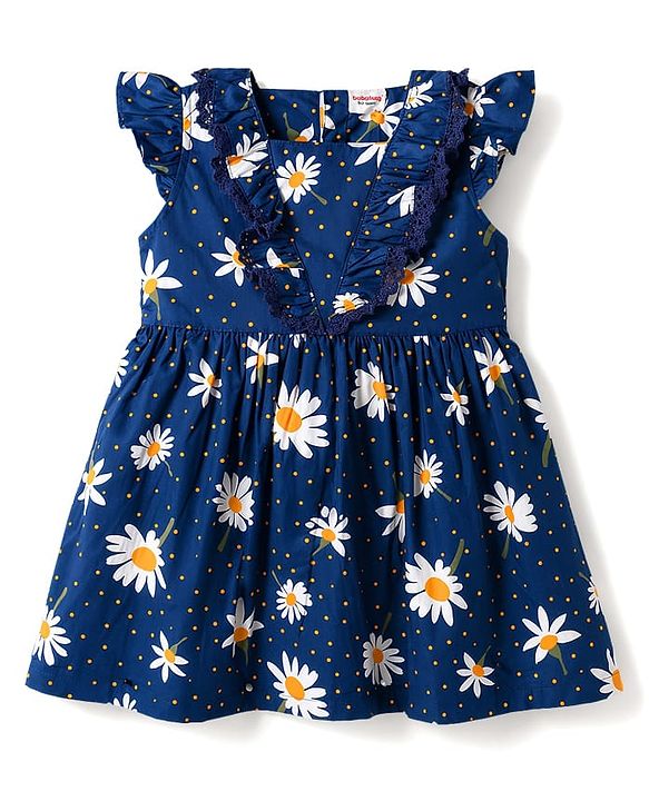 Babyhug Cotton Half Sleeves Floral One Piece Frock with Polka Dot Print - Navy