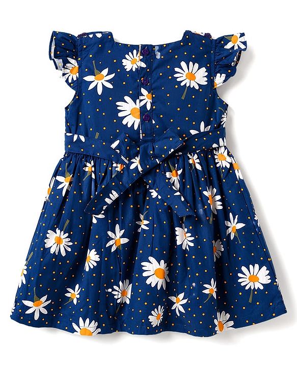 Babyhug Cotton Half Sleeves Floral One Piece Frock with Polka Dot Print - Navy