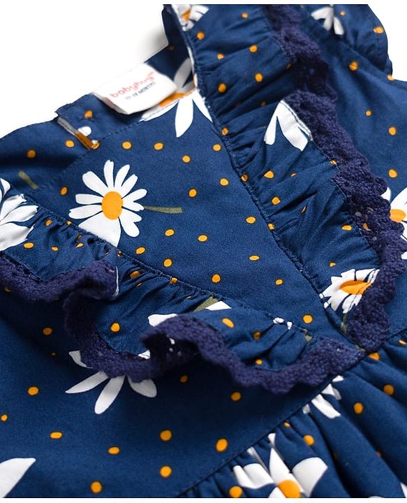 Babyhug Cotton Half Sleeves Floral One Piece Frock with Polka Dot Print - Navy