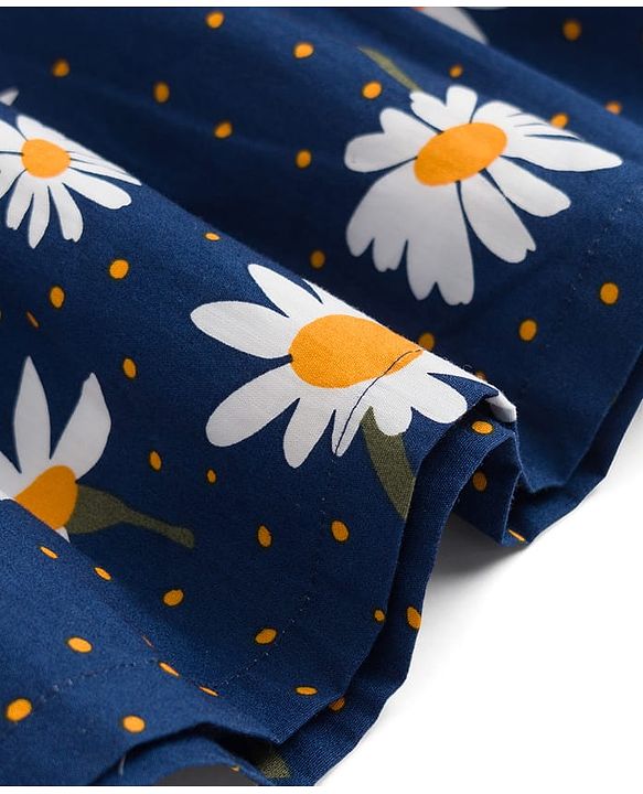 Babyhug Cotton Half Sleeves Floral One Piece Frock with Polka Dot Print - Navy