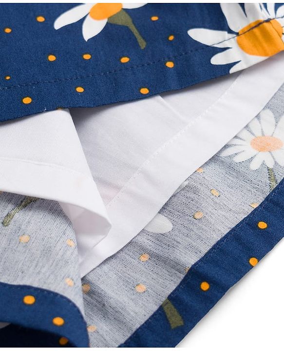 Babyhug Cotton Half Sleeves Floral One Piece Frock with Polka Dot Print - Navy