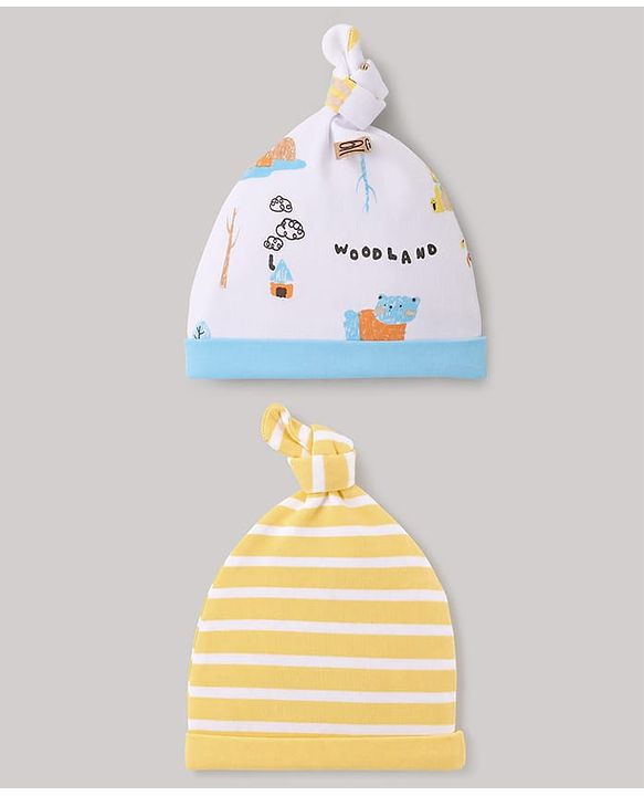Babyhug 100% Cotton Interlock Knit Striped Cap with Bear Print Pack of 2 White & Yellow - Diameter 14 cm