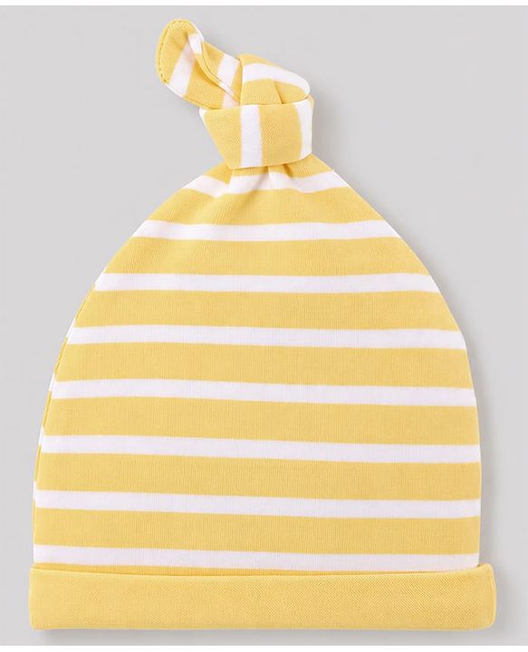 Babyhug 100% Cotton Interlock Knit Striped Cap with Bear Print Pack of 2 White & Yellow - Diameter 14 cm