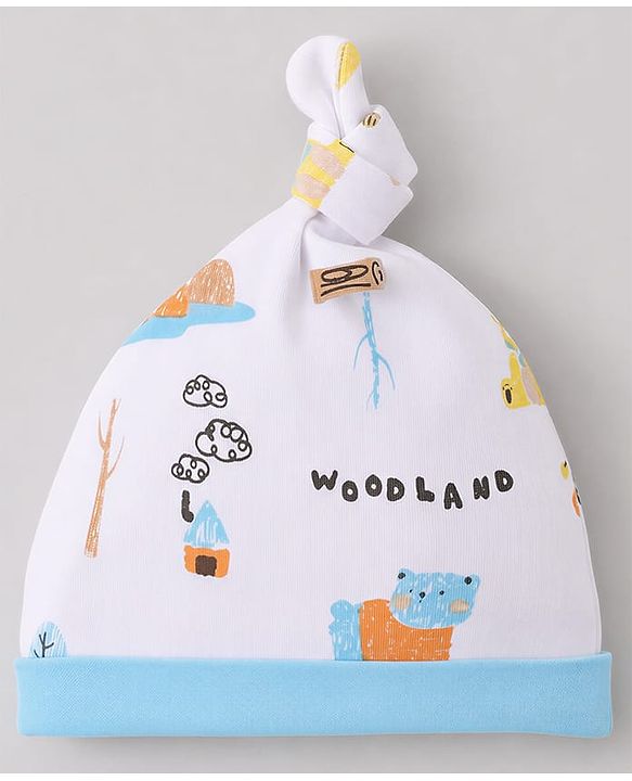 Babyhug 100% Cotton Interlock Knit Striped Cap with Bear Print Pack of 2 White & Yellow - Diameter 14 cm