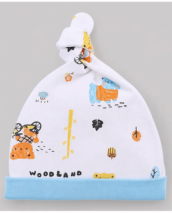 Babyhug 100% Cotton Interlock Knit Striped Cap with Bear Print Pack of 2 White & Yellow - Diameter 14 cm