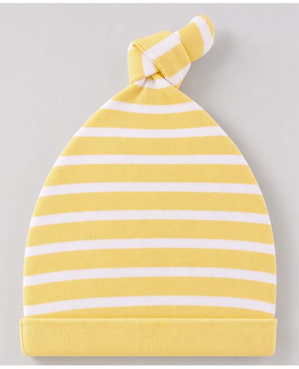 Babyhug 100% Cotton Interlock Knit Striped Cap with Bear Print Pack of 2 White & Yellow - Diameter 14 cm
