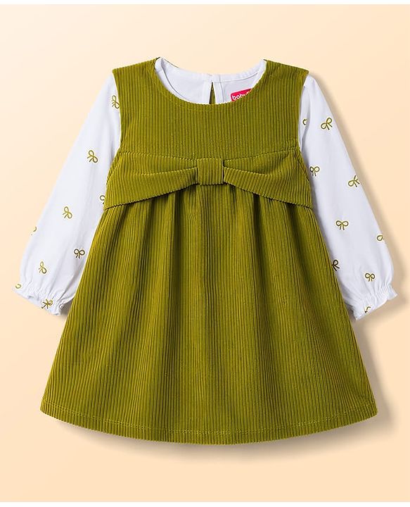 Babyhug Corduroy Woven A Line Frock & Inner Tee With Bow Print - Green