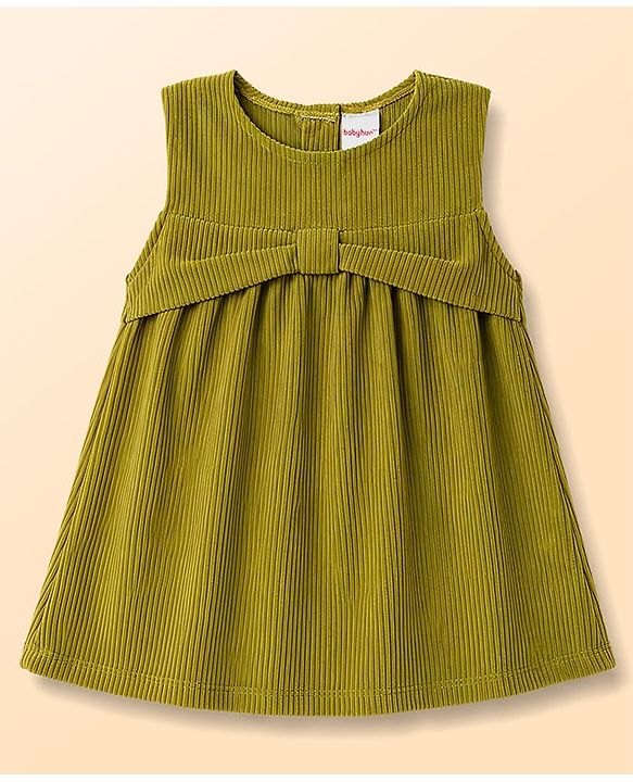 Babyhug Corduroy Woven A Line Frock & Inner Tee With Bow Print - Green