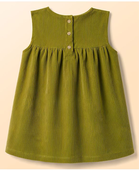 Babyhug Corduroy Woven A Line Frock & Inner Tee With Bow Print - Green