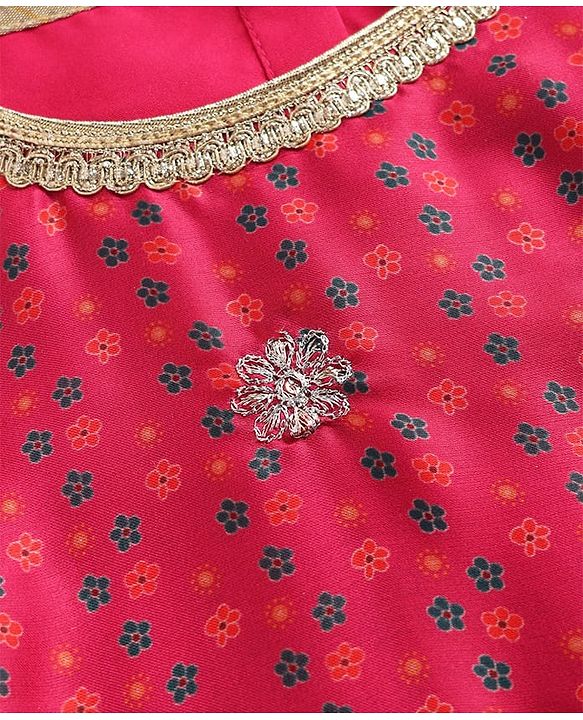 Babyhug Woven Half Sleeves Kurti Gharara Set with Floral Embroidery & Dupatta - Fuchsia