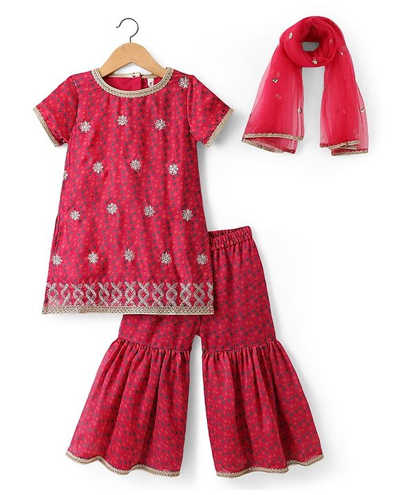 Babyhug Woven Half Sleeves Kurti Gharara Set with Floral Embroidery & Dupatta - Fuchsia