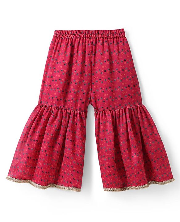 Babyhug Woven Half Sleeves Kurti Gharara Set with Floral Embroidery & Dupatta - Fuchsia