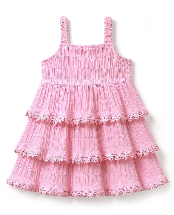 Babyhug Cotton Woven Sleeveless Layered Smoked Textured  Frock With Lace Detailing - Pink