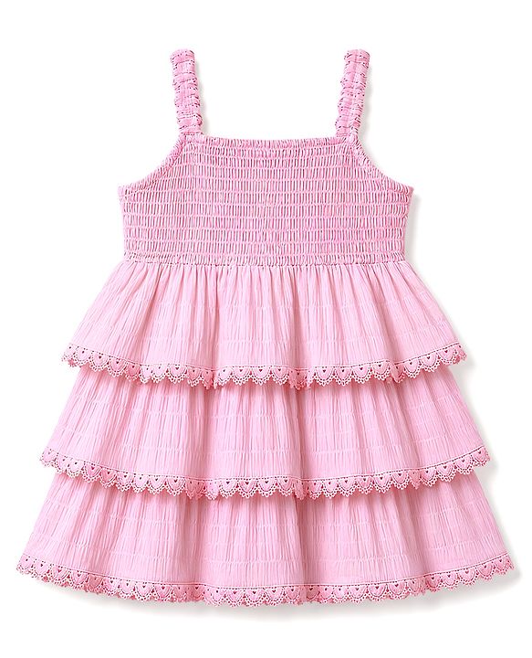 Babyhug Cotton Woven Sleeveless Layered Smoked Textured  Frock With Lace Detailing - Pink