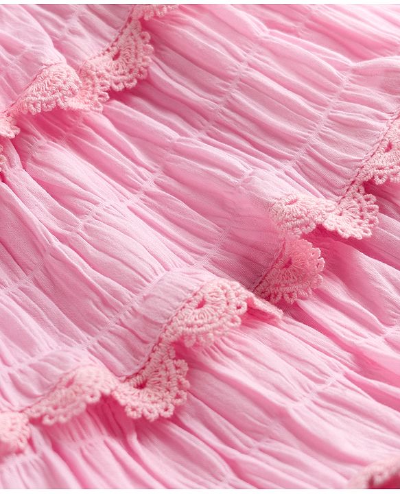 Babyhug Cotton Woven Sleeveless Layered Smoked Textured  Frock With Lace Detailing - Pink