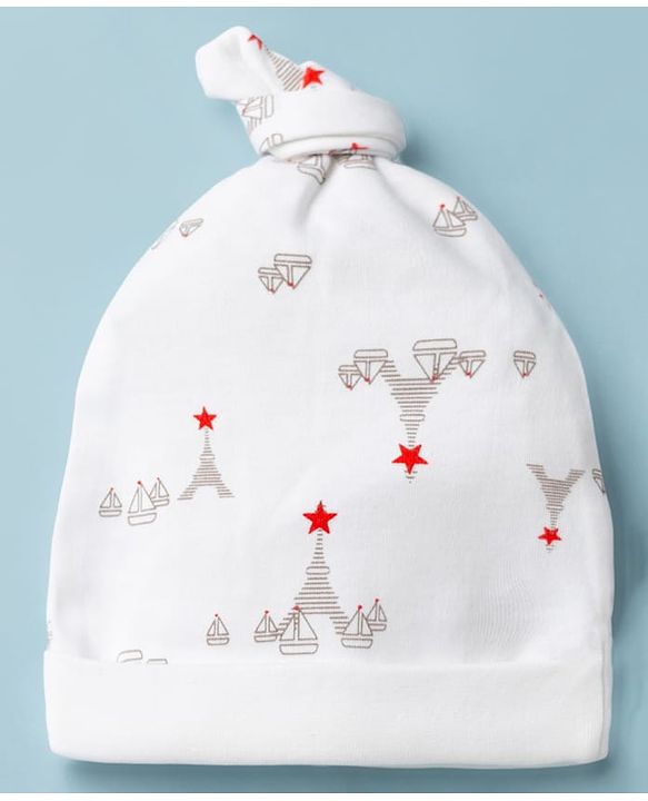Babyhug 100% Cotton Interlock Knit Printed Baby Caps in White & Yellow Pack of 2 - Diameter 14.5 cm