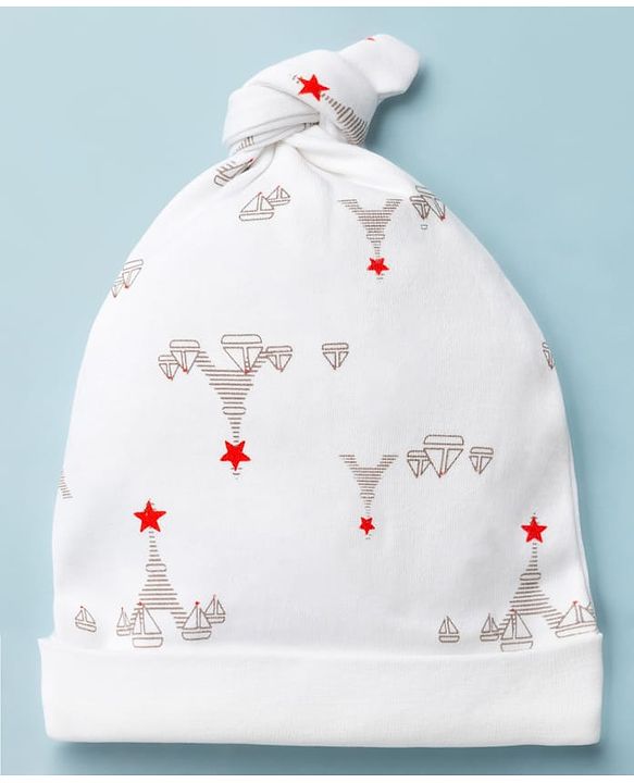 Babyhug 100% Cotton Interlock Knit Printed Baby Caps in White & Yellow Pack of 2 - Diameter 14.5 cm
