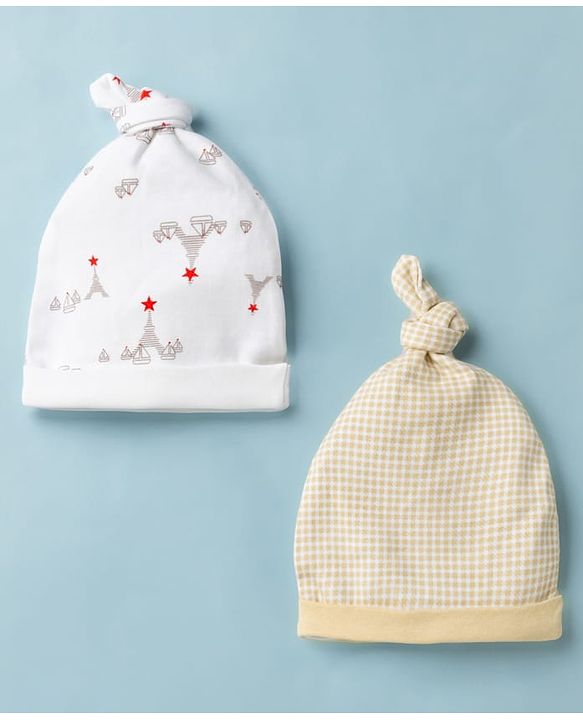 Babyhug 100% Cotton Interlock Knit Printed Baby Caps in White & Yellow Pack of 2 - Diameter 14.5 cm