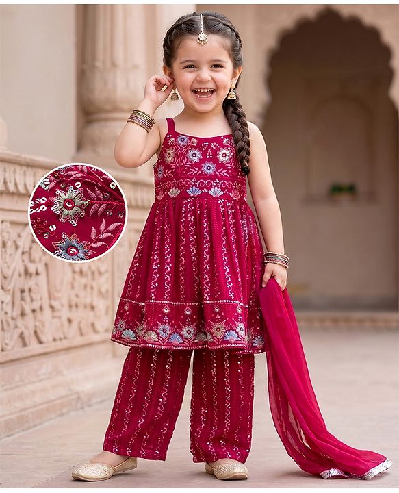 Babyhug Georgette Woven  Sleeveless Floral Embroidered Kurti & Sharara Set With Dupatta - Fuchsia