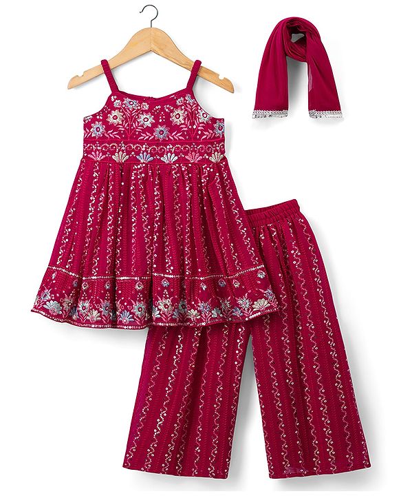 Babyhug Georgette Woven  Sleeveless Floral Embroidered Kurti & Sharara Set With Dupatta - Fuchsia