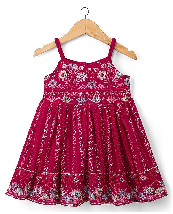 Babyhug Georgette Woven  Sleeveless Floral Embroidered Kurti & Sharara Set With Dupatta - Fuchsia