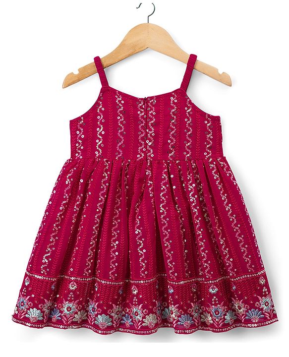 Babyhug Georgette Woven  Sleeveless Floral Embroidered Kurti & Sharara Set With Dupatta - Fuchsia