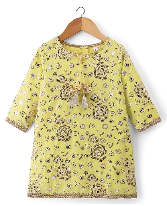 Babyhug Georgette Woven Three Fourth Sleeves Kurti Gharara Set with Sequin Detailing & Dupatta - Lime Green