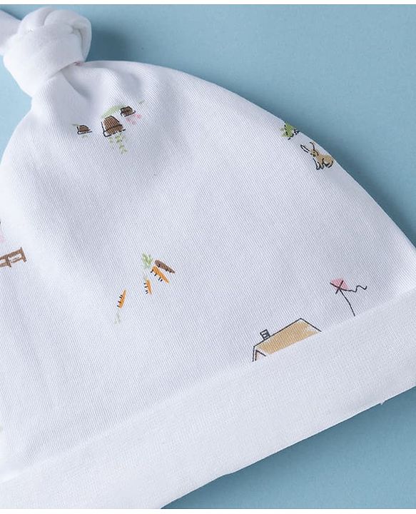 Babyhug 100% Cotton Interlock Knit Striped Baby Caps with Farm Theme Print White Pack of 2 - Diameter 14 cm