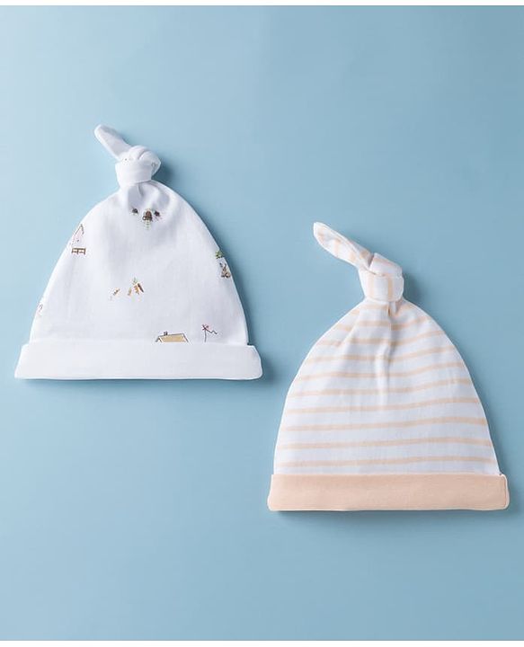 Babyhug 100% Cotton Interlock Knit Striped Baby Caps with Farm Theme Print White Pack of 2 - Diameter 14 cm