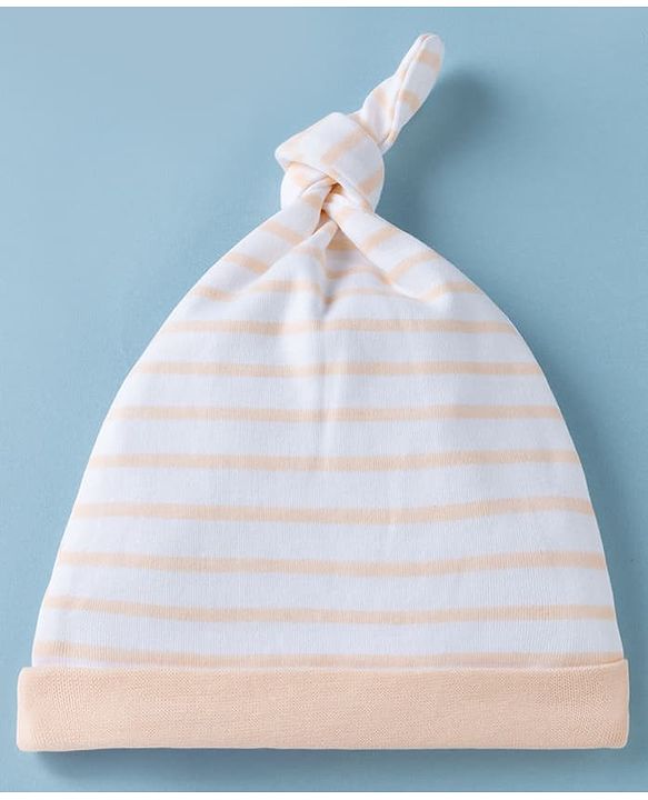 Babyhug 100% Cotton Interlock Knit Striped Baby Caps with Farm Theme Print White Pack of 2 - Diameter 14 cm