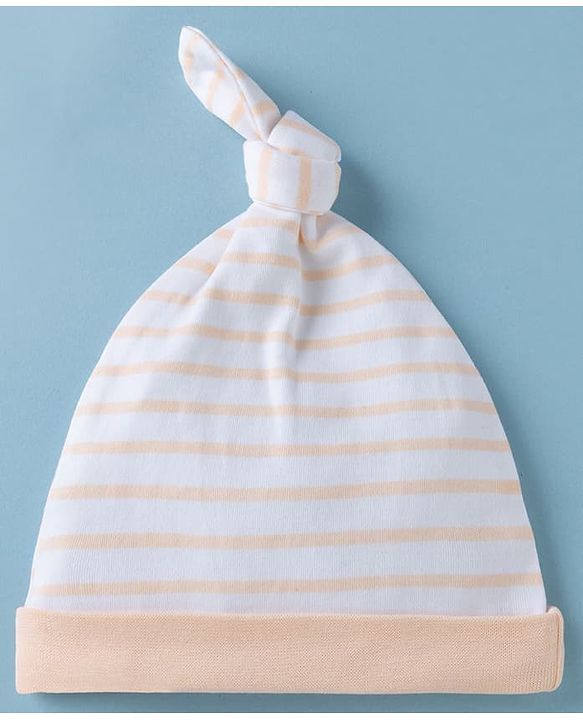Babyhug 100% Cotton Interlock Knit Striped Baby Caps with Farm Theme Print White Pack of 2 - Diameter 14 cm