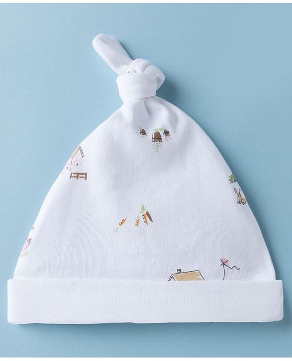 Babyhug 100% Cotton Interlock Knit Striped Baby Caps with Farm Theme Print White Pack of 2 - Diameter 14 cm
