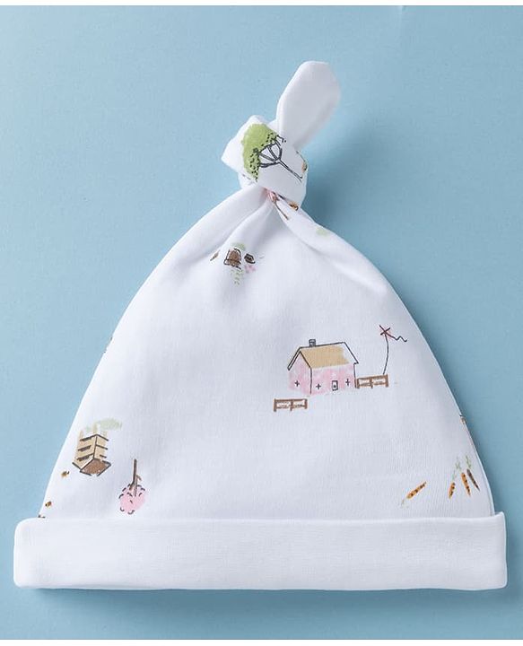 Babyhug 100% Cotton Interlock Knit Striped Baby Caps with Farm Theme Print White Pack of 2 - Diameter 14 cm