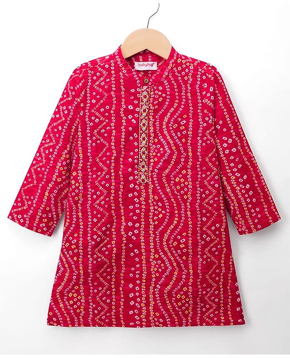 Babyhug 100% Cotton Cambric Woven Full Sleeves Bandhani Dhoti Kurta Set With Lace Detailing - Red