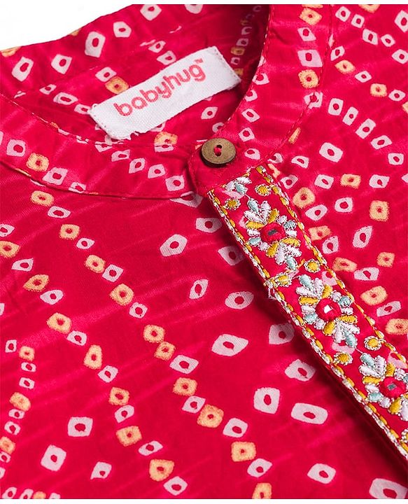 Babyhug 100% Cotton Cambric Woven Full Sleeves Bandhani Dhoti Kurta Set With Lace Detailing - Red