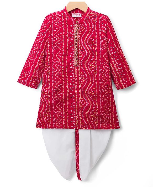 Babyhug 100% Cotton Cambric Woven Full Sleeves Bandhani Dhoti Kurta Set With Lace Detailing - Red