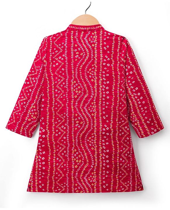 Babyhug 100% Cotton Cambric Woven Full Sleeves Bandhani Dhoti Kurta Set With Lace Detailing - Red
