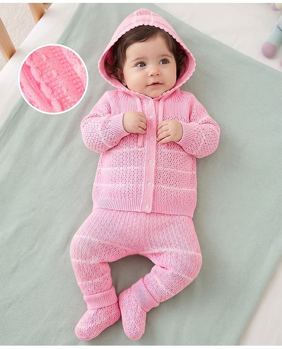 Babyhug Knit Full Raglan Sleeves Hooded Sweater Set with Booties - Pink