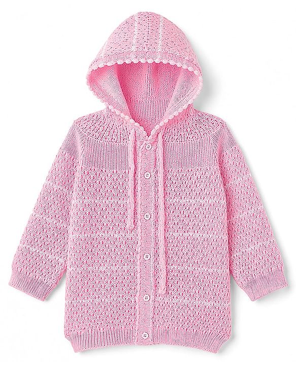 Babyhug Knit Full Raglan Sleeves Hooded Sweater Set with Booties - Pink