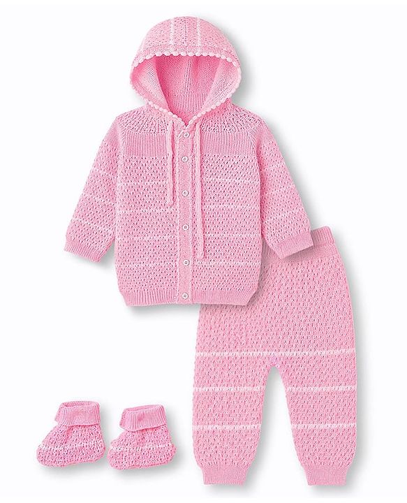 Babyhug Knit Full Raglan Sleeves Hooded Sweater Set with Booties - Pink