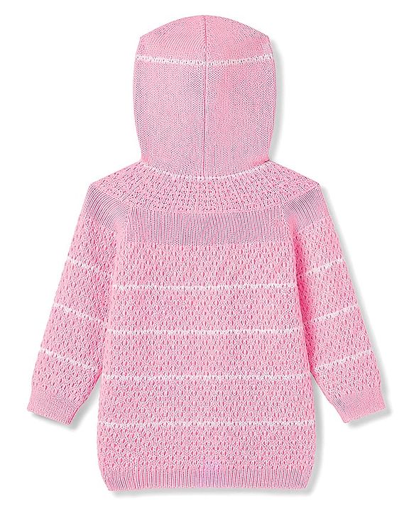 Babyhug Knit Full Raglan Sleeves Hooded Sweater Set with Booties - Pink