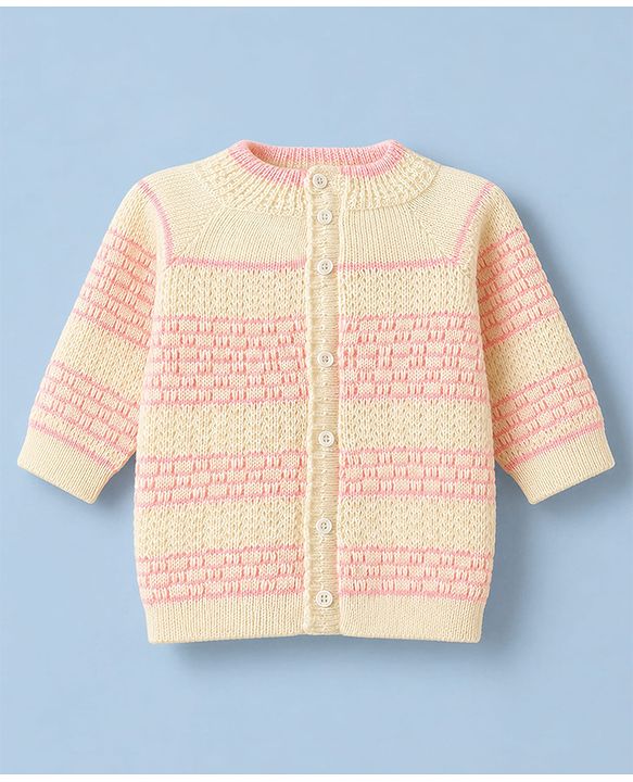 Babyhug Knit Raglan Full Sleeves Striped Four Piece Sweater Set With Cap & Booties - OffWhite