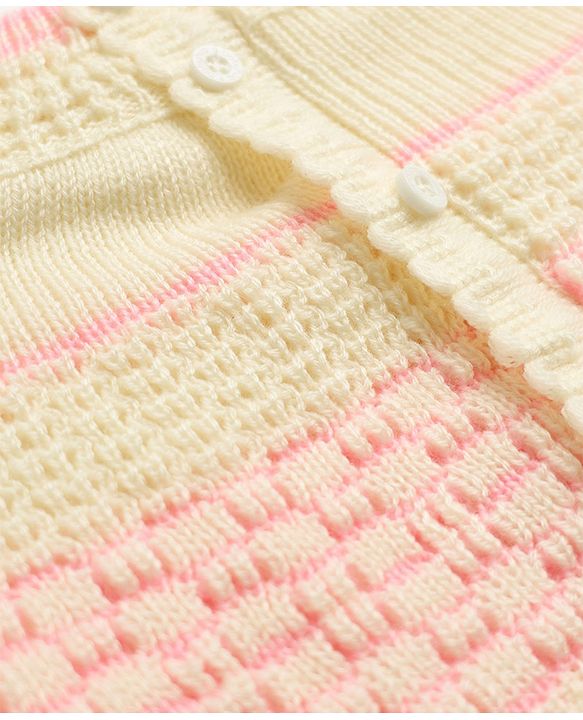 Babyhug Knit Raglan Full Sleeves Striped Four Piece Sweater Set With Cap & Booties - OffWhite