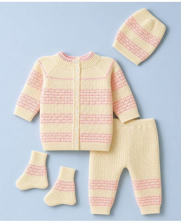 Babyhug Knit Raglan Full Sleeves Striped Four Piece Sweater Set With Cap & Booties - OffWhite